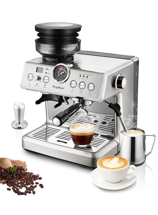 رويال ستار ماكينة قهوة نصف أوتوماتيكية بضغط 20 بار مع إعداد طحن وخفاقة حليب، مصنوعة من الفولاذ المقاوم للصدأ، مزودة بنظام تحكم PID في درجة الحرارة، مثالية لتحضير الإسبريسو والكابتشينو في المنزل والمكتب - Image 1